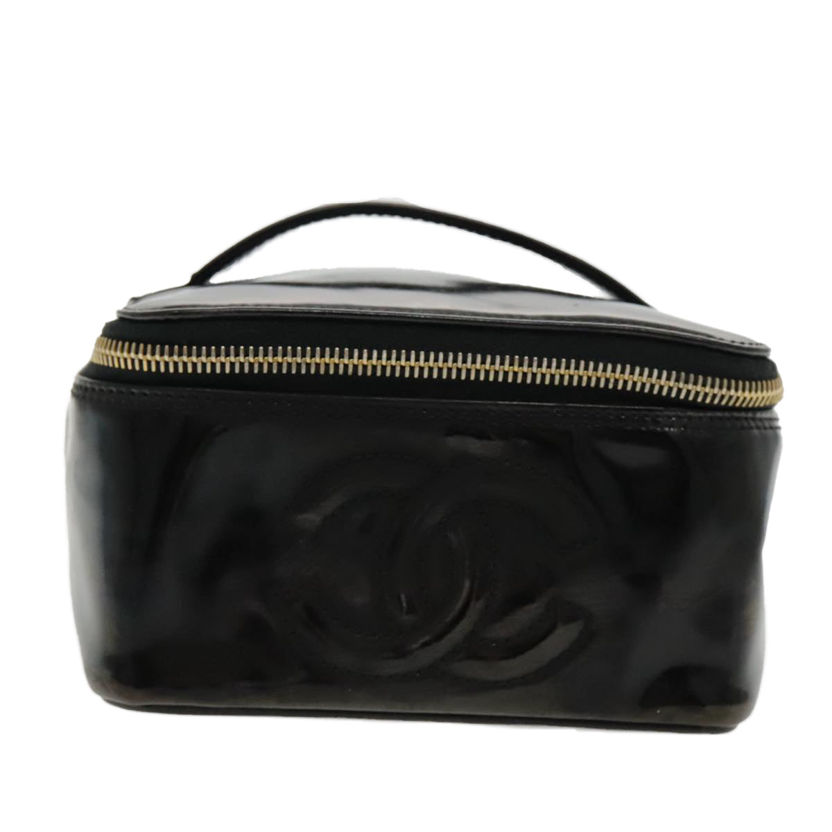 CHANEL Vanity Cosmetic Pouch Patent leather Black Gold CC Auth bs18658 - 0