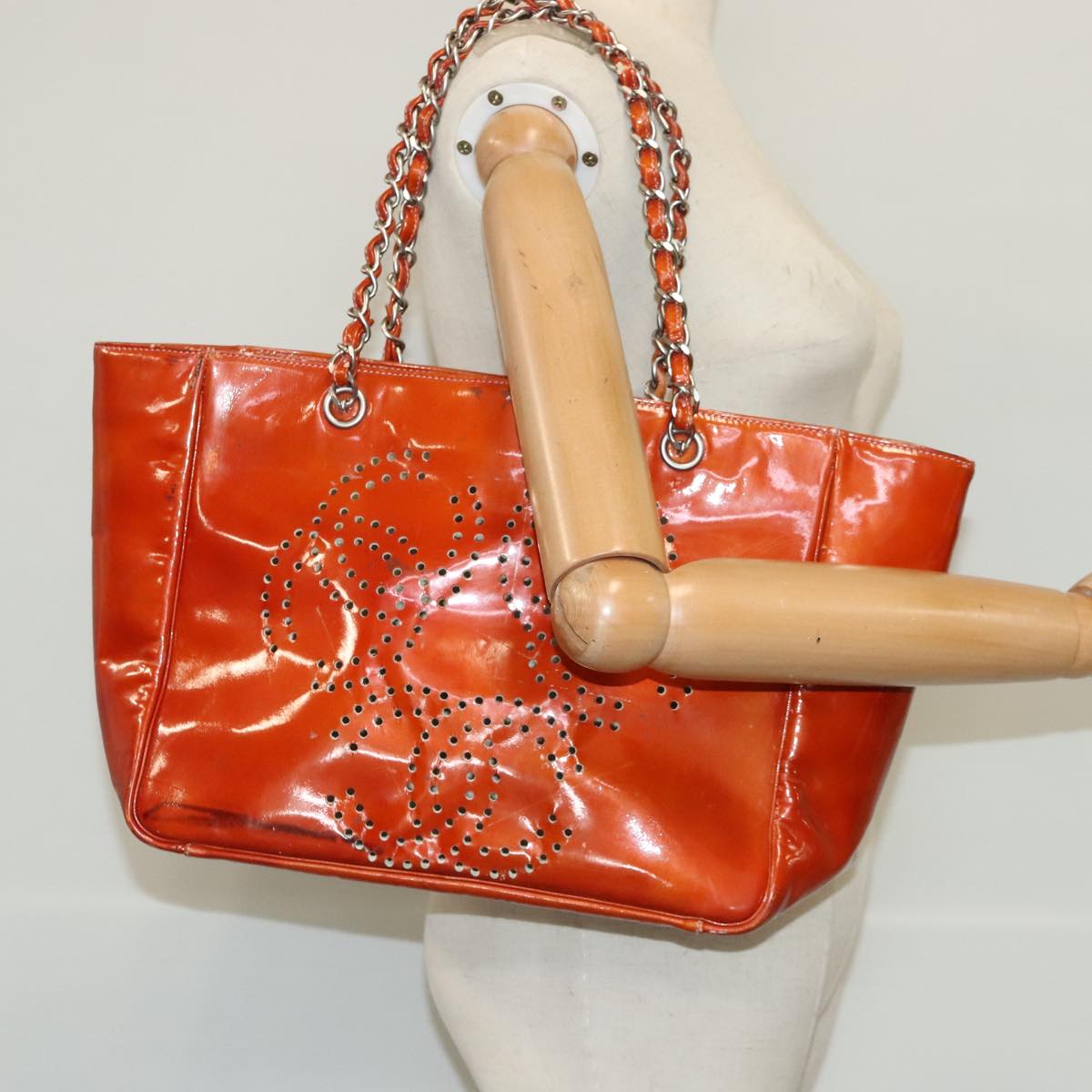 CHANEL Triple Coco Chain Tote Bag Patent leather Orange Silver CC Auth bs18659