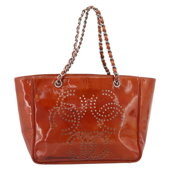 CHANEL Triple Coco Chain Tote Bag Patent leather Orange Silver CC Auth bs18659