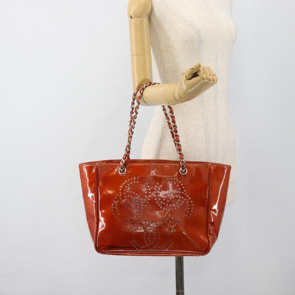 CHANEL Triple Coco Chain Tote Bag Patent leather Orange Silver CC Auth bs18659