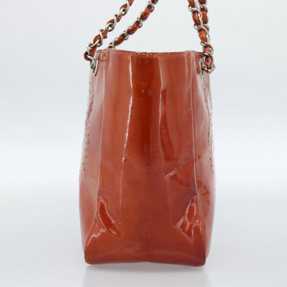 CHANEL Triple Coco Chain Tote Bag Patent leather Orange Silver CC Auth bs18659