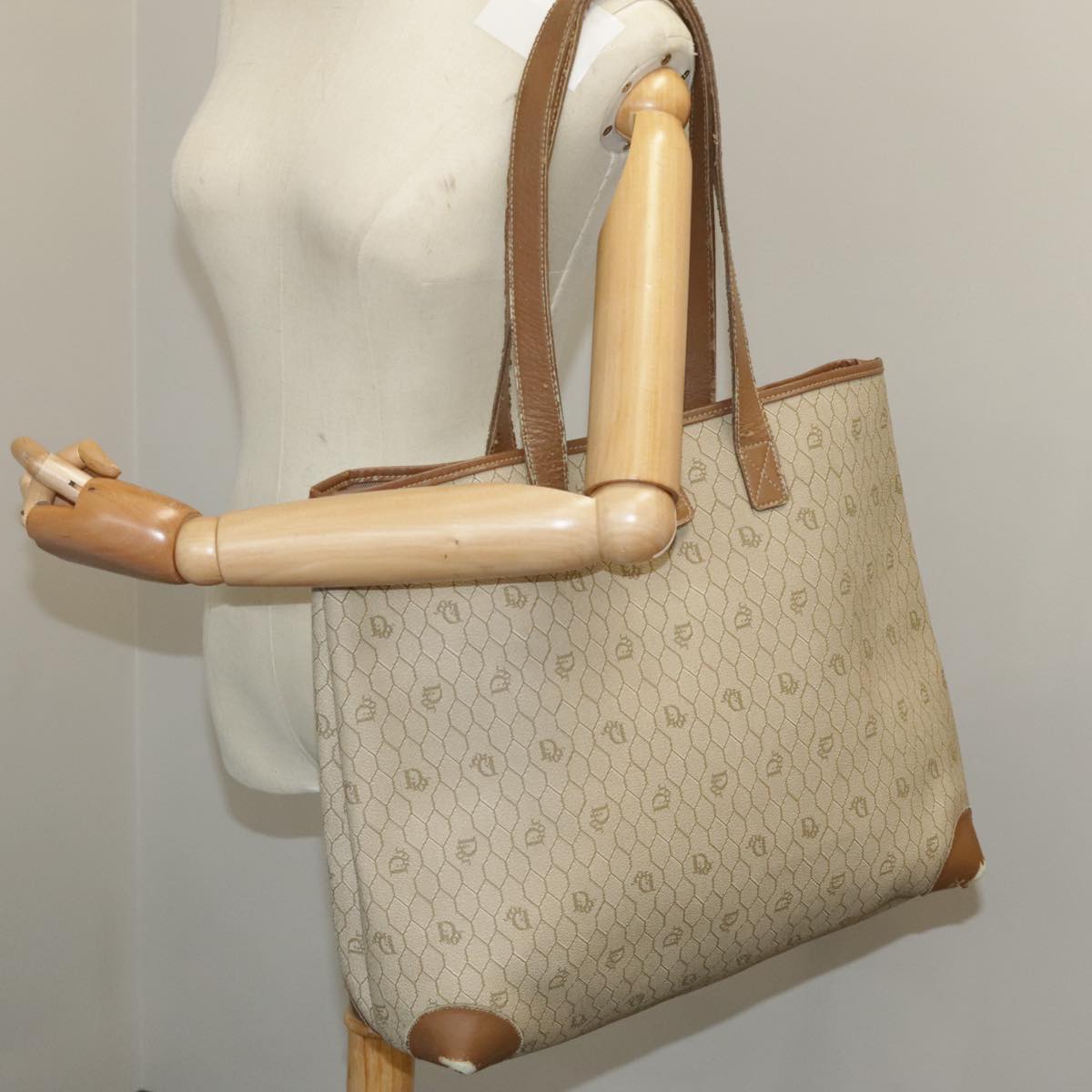 Christian Dior Honeycomb Canvas Tote Bag PVC Leather Beige Gold Auth bs18674