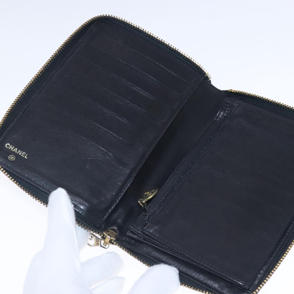 CHANEL Wallet Caviar Skin Black Gold CC Auth bs18702