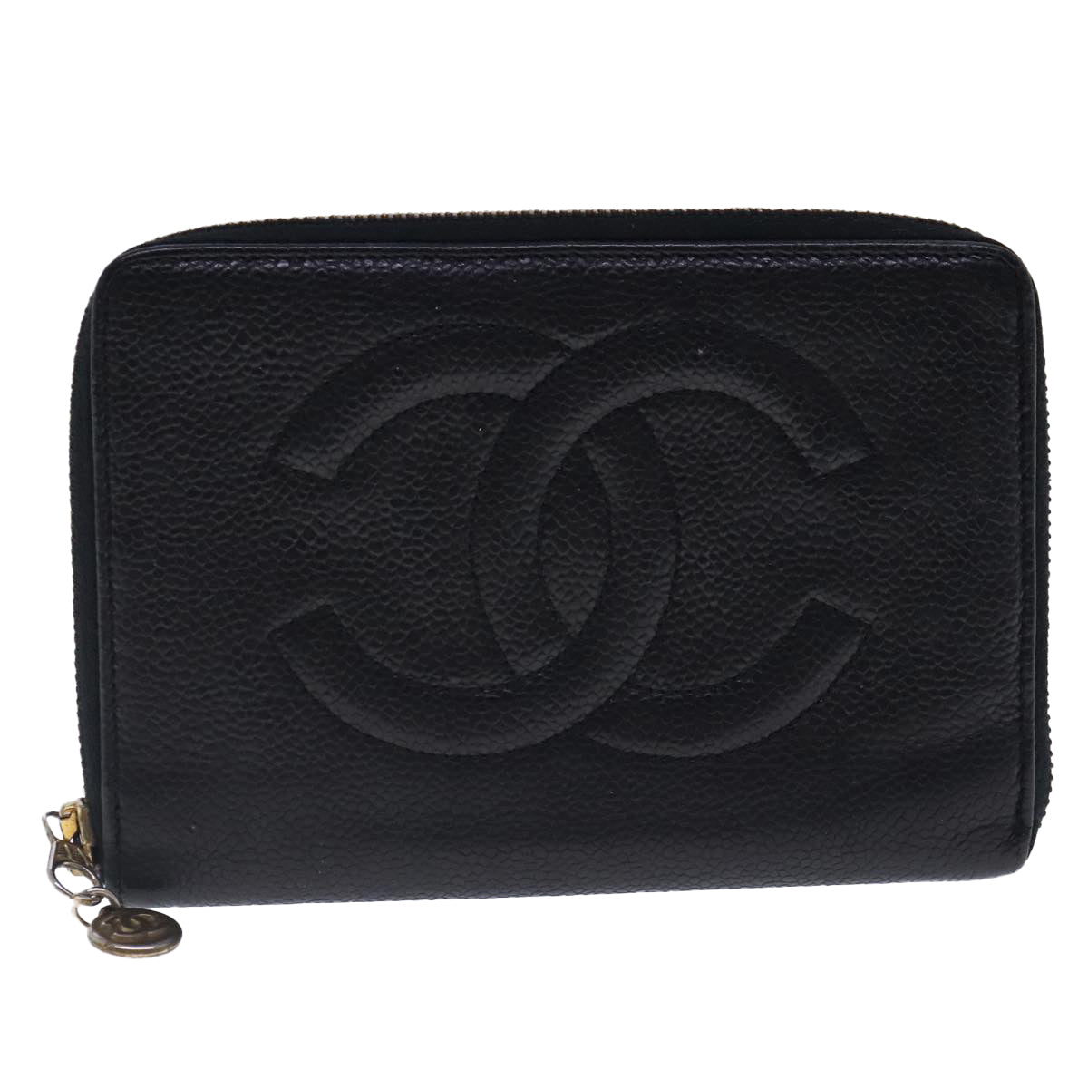 CHANEL Wallet Caviar Skin Black Gold CC Auth bs18702