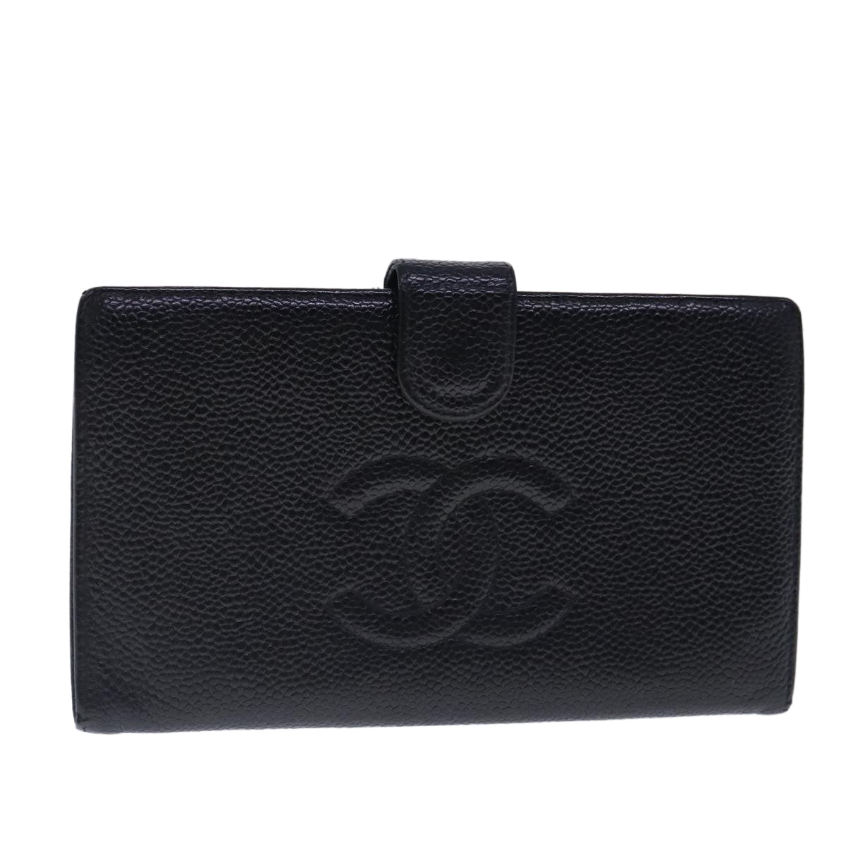 CHANEL Long Wallet Caviar Skin Black Gold CC Auth bs18703