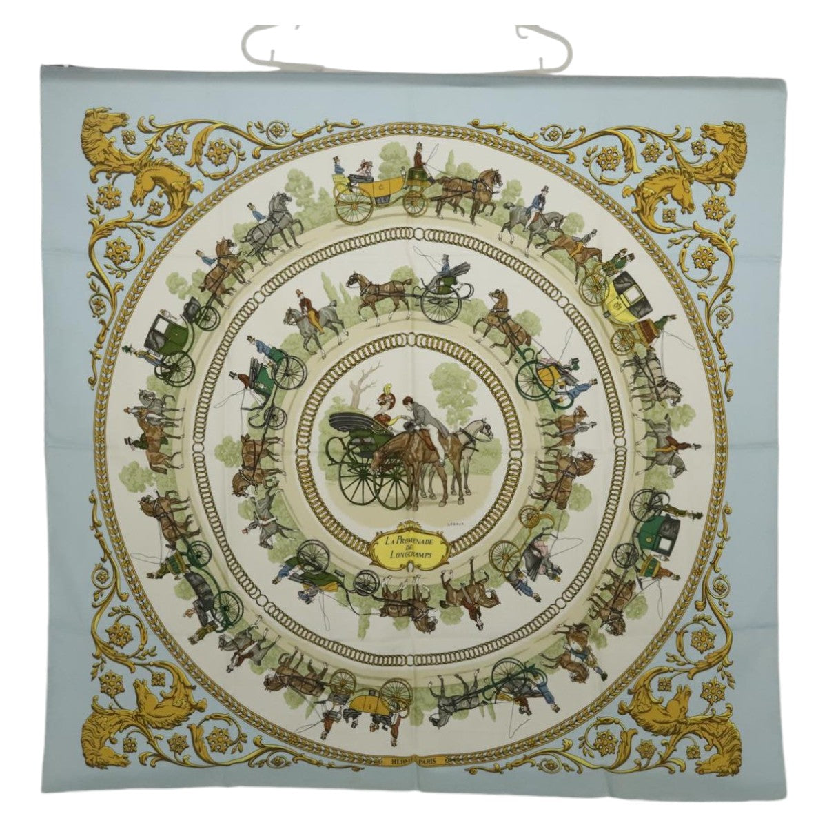 HERMES Carre 90 Scarf ""LA PROMENADE DE LONGCHAMPS"" Silk Blue Auth bs18705