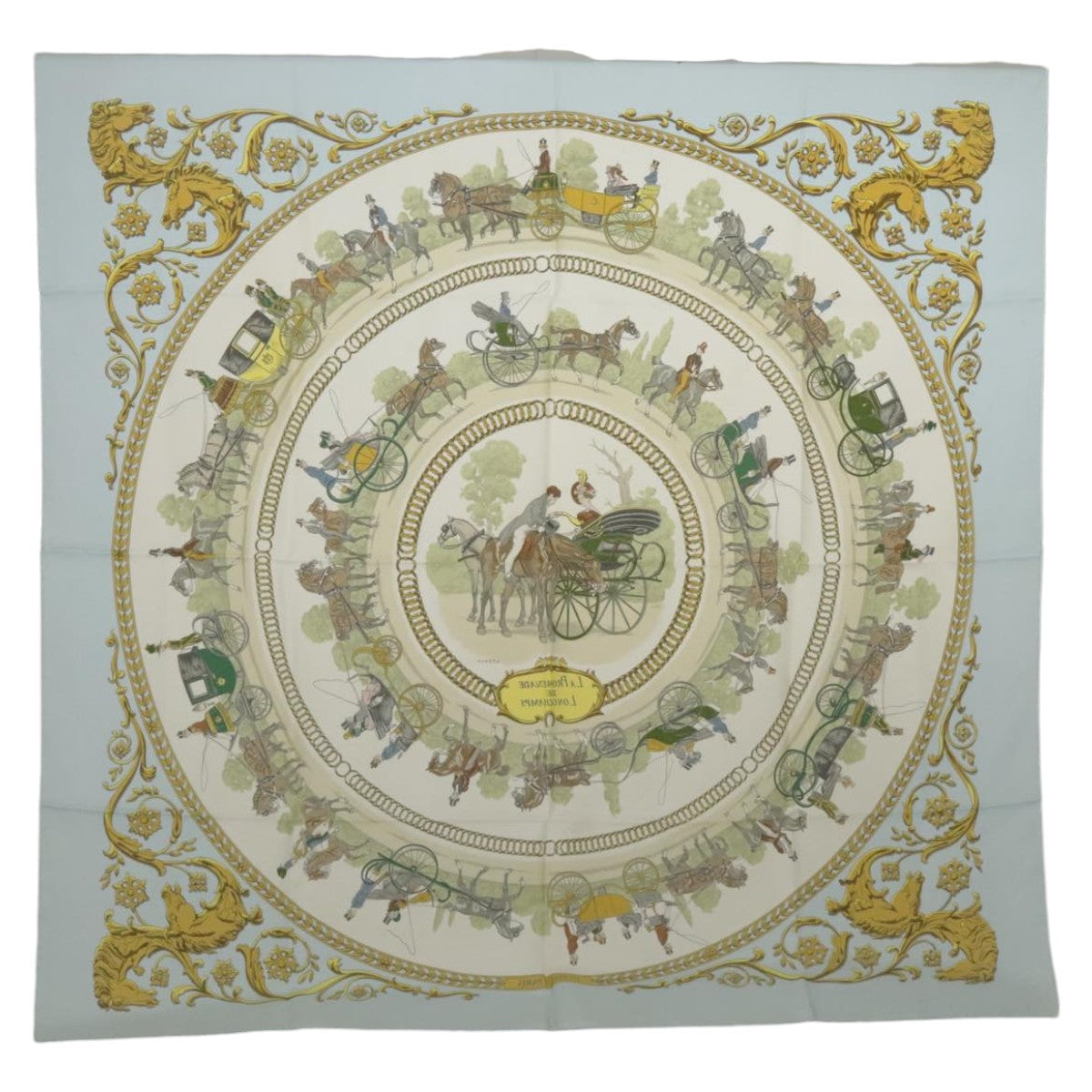 HERMES Carre 90 Scarf ""LA PROMENADE DE LONGCHAMPS"" Silk Blue Auth bs18705 - 0