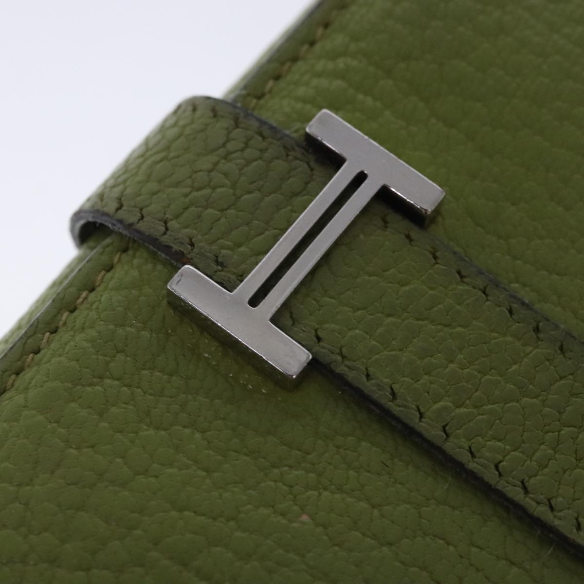 HERMES bean Soufflé Wallet Leather Green Silver Auth bs18706