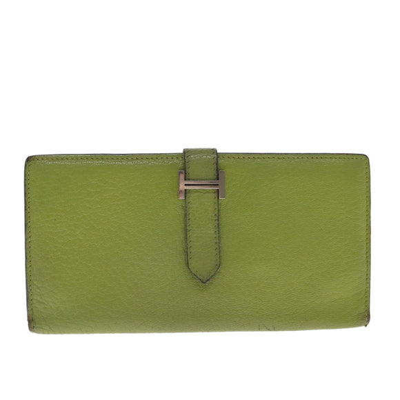 HERMES bean Soufflé Wallet Leather Green Silver Auth bs18706