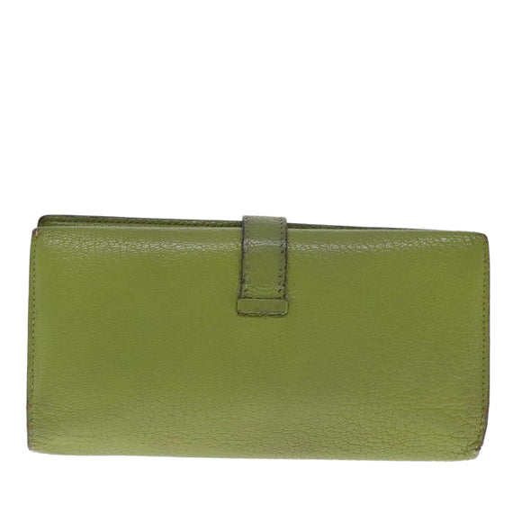 HERMES bean Soufflé Wallet Leather Green Silver Auth bs18706