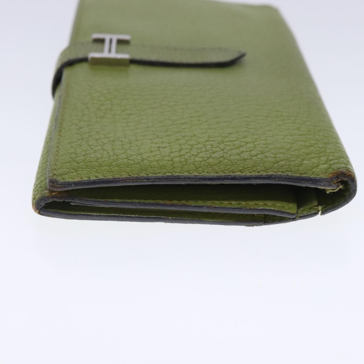 HERMES bean Soufflé Wallet Leather Green Silver Auth bs18706