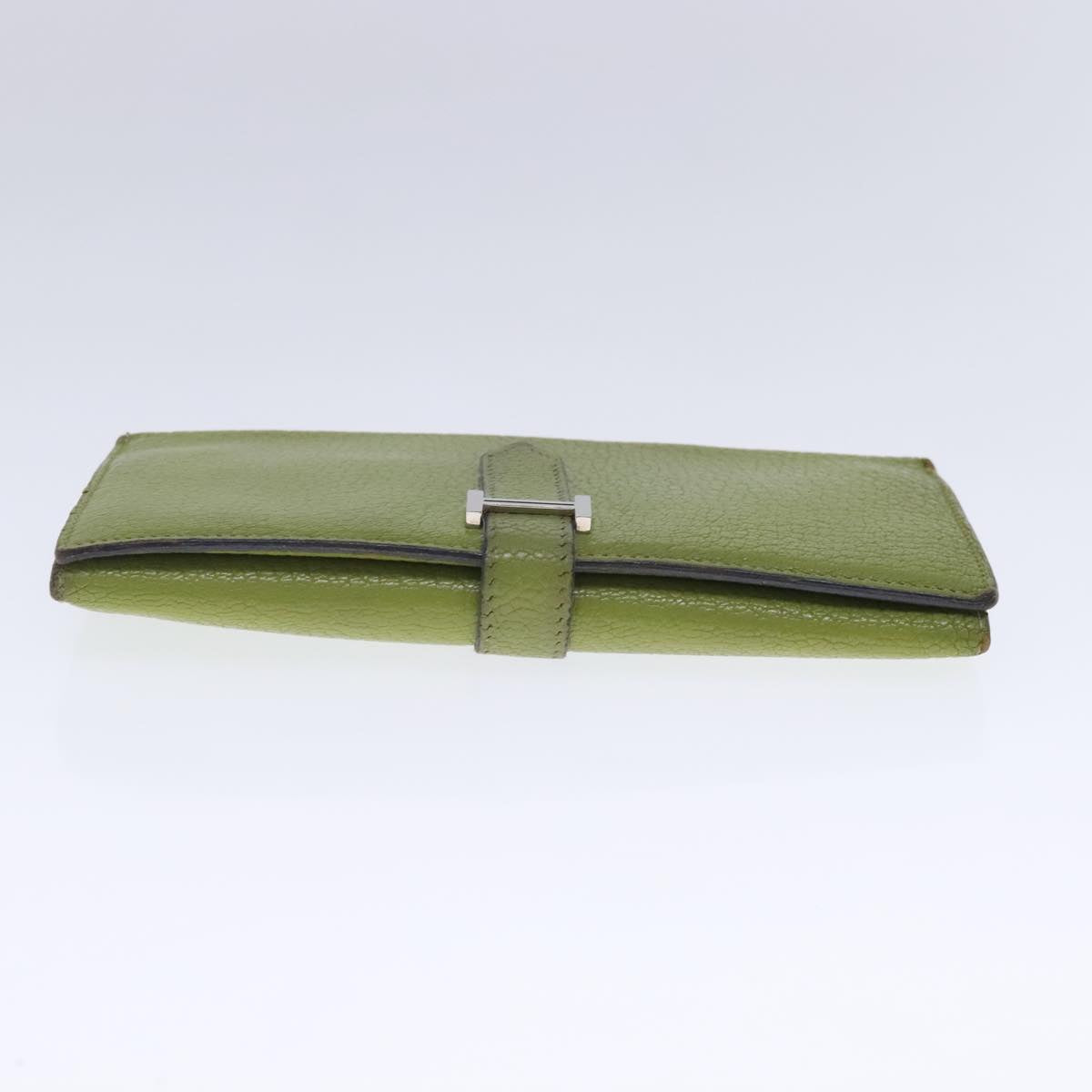 HERMES bean Soufflé Wallet Leather Green Silver Auth bs18706