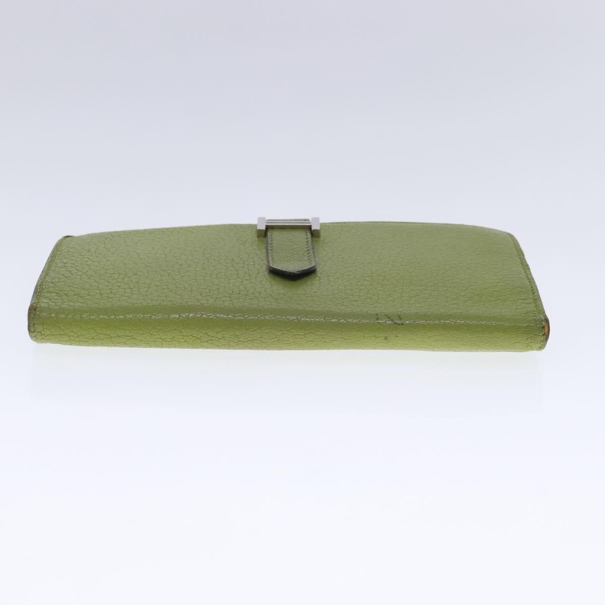 HERMES bean Soufflé Wallet Leather Green Silver Auth bs18706