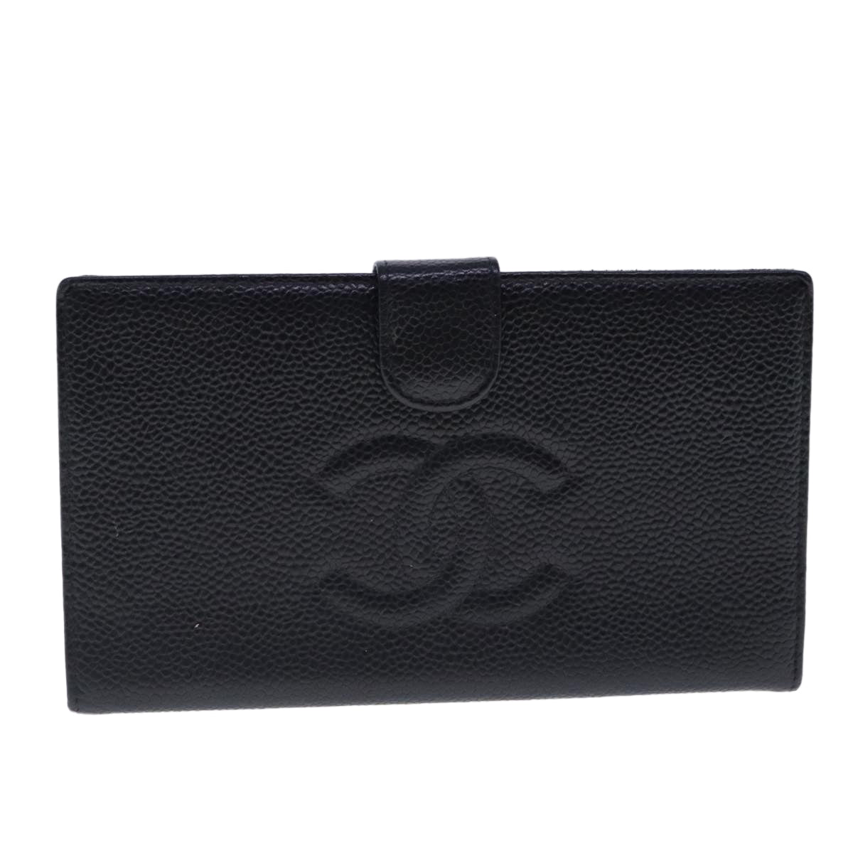 CHANEL Long Wallet Caviar Skin Black Gold CC Auth bs18723