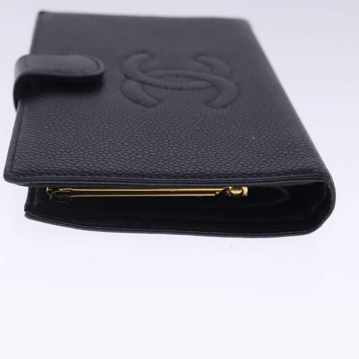 CHANEL Long Wallet Caviar Skin Black Gold CC Auth bs18723