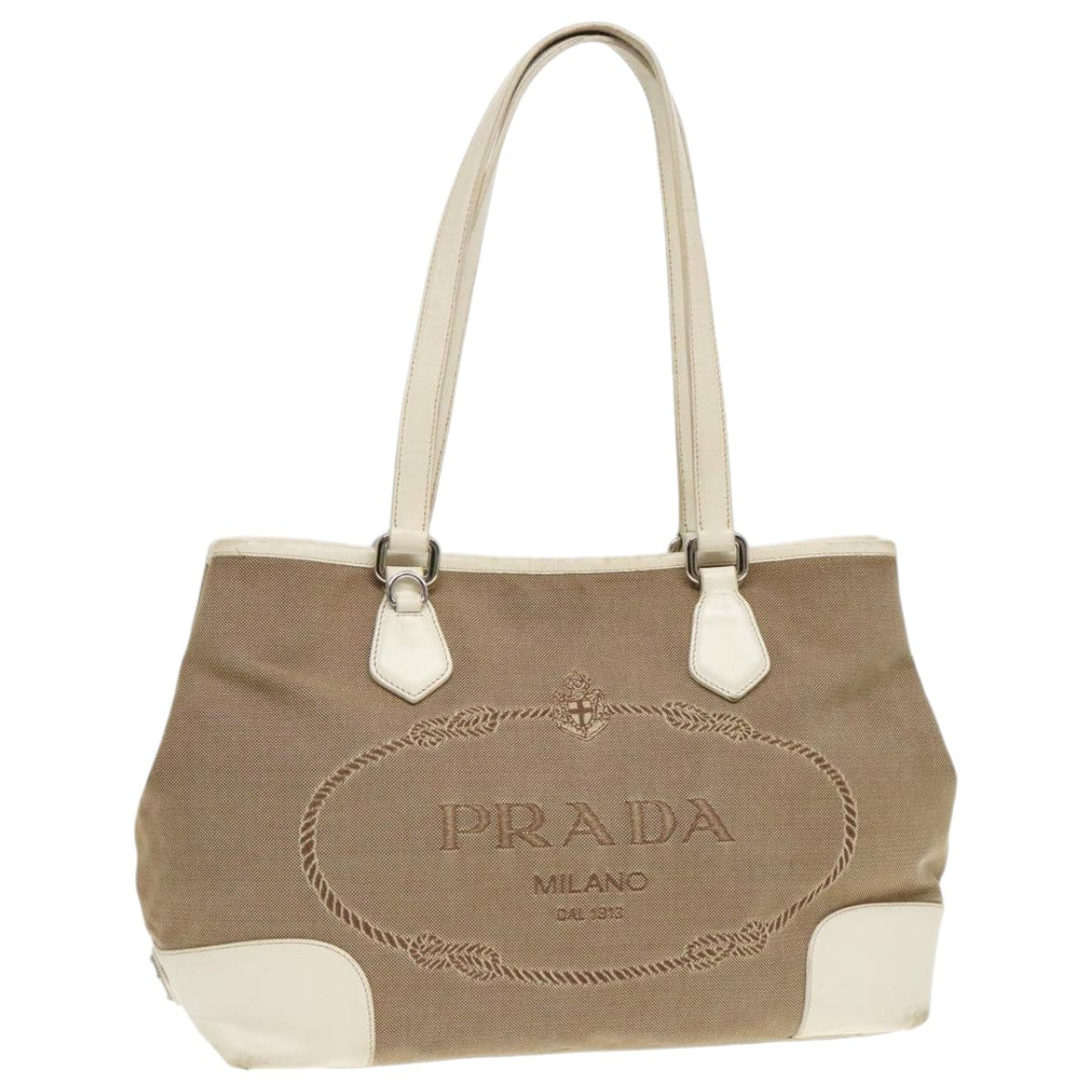 PRADA Tote Bag Canvas Leather Beige White Auth bs18796