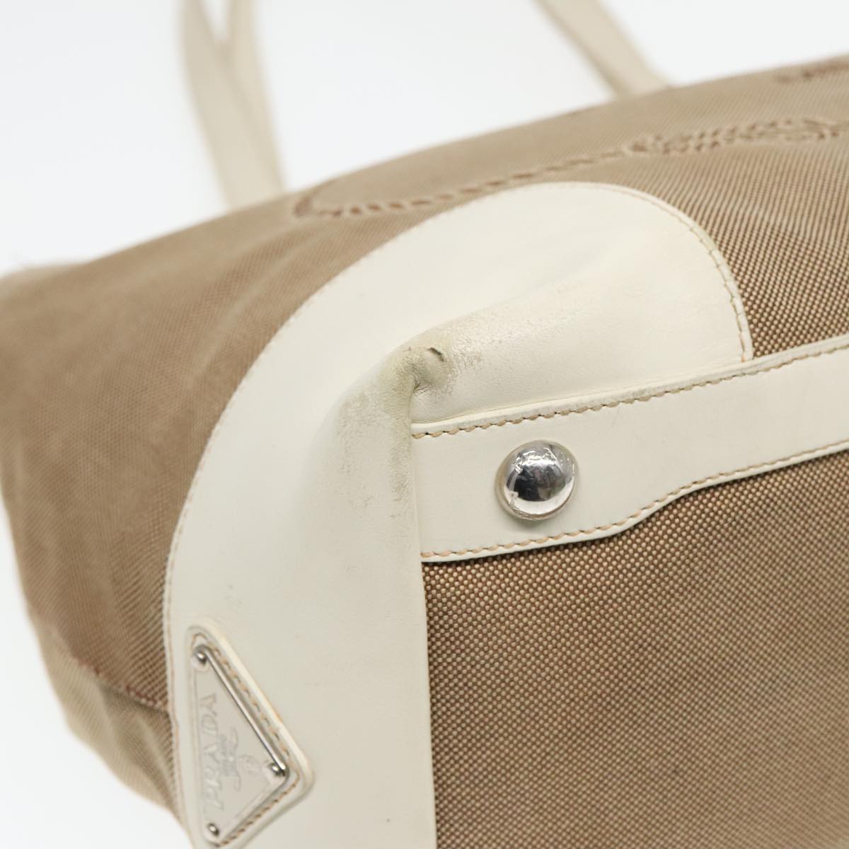 PRADA Tote Bag Canvas Leather Beige White Auth bs18796