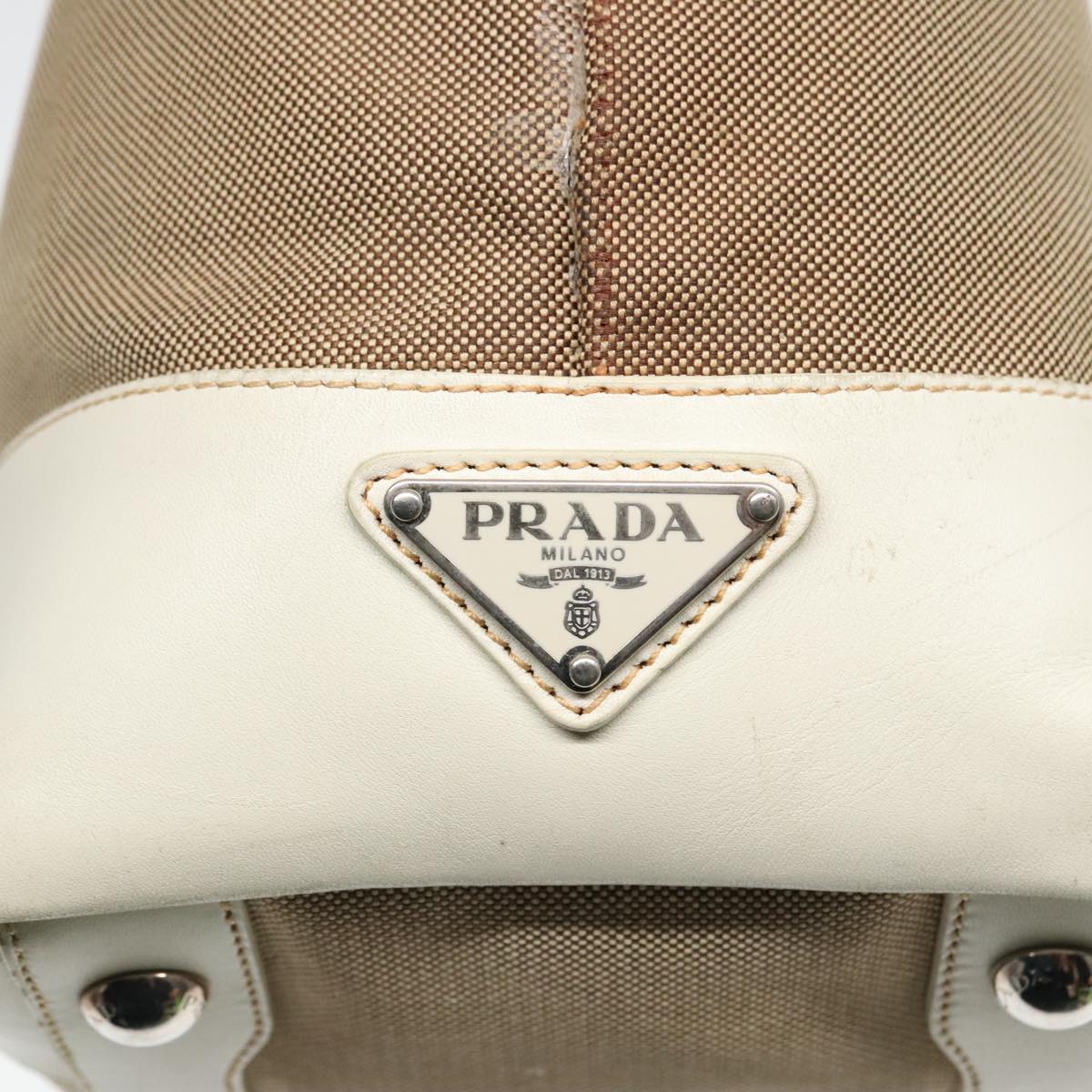 PRADA Tote Bag Canvas Leather Beige White Auth bs18796