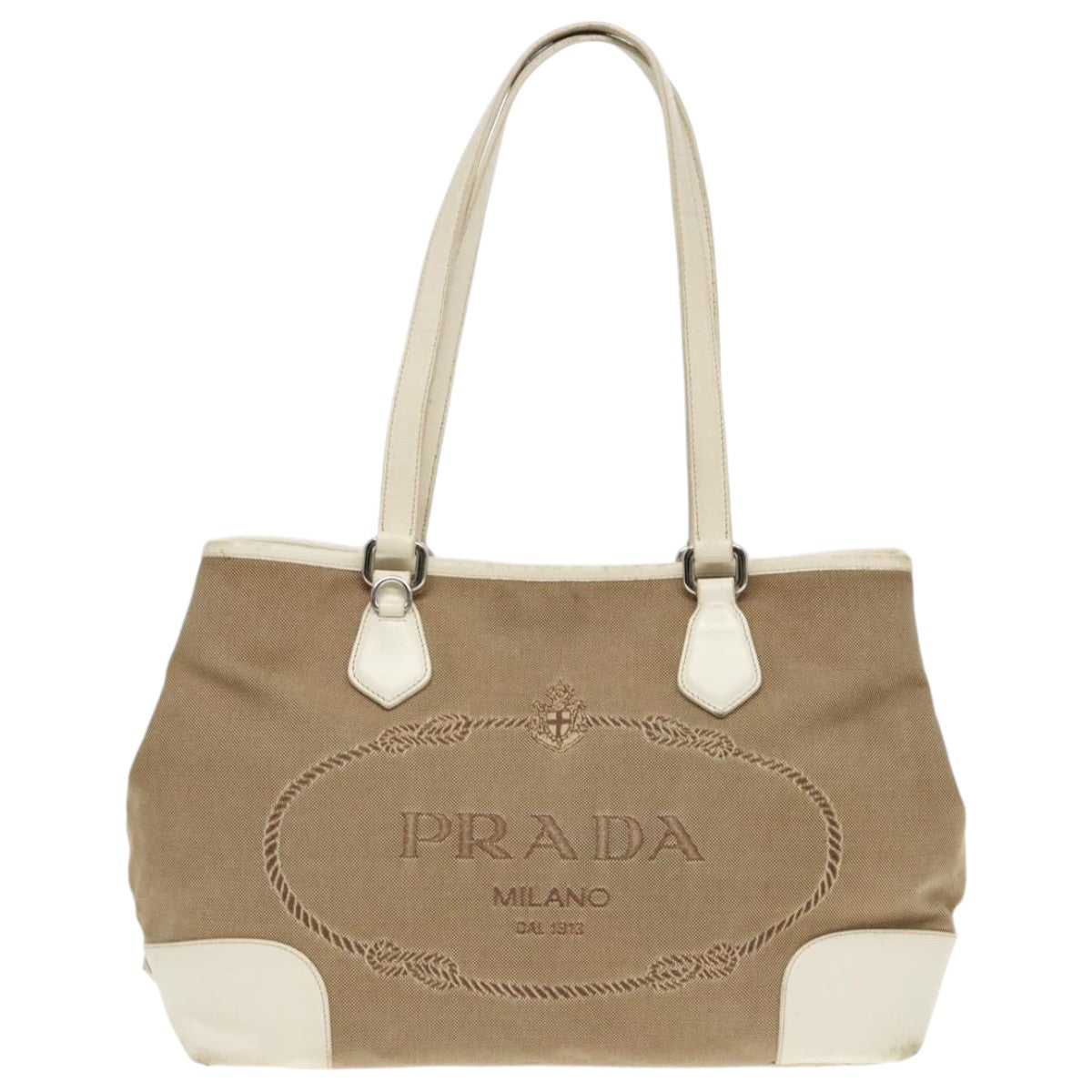 PRADA Tote Bag Canvas Leather Beige White Auth bs18796