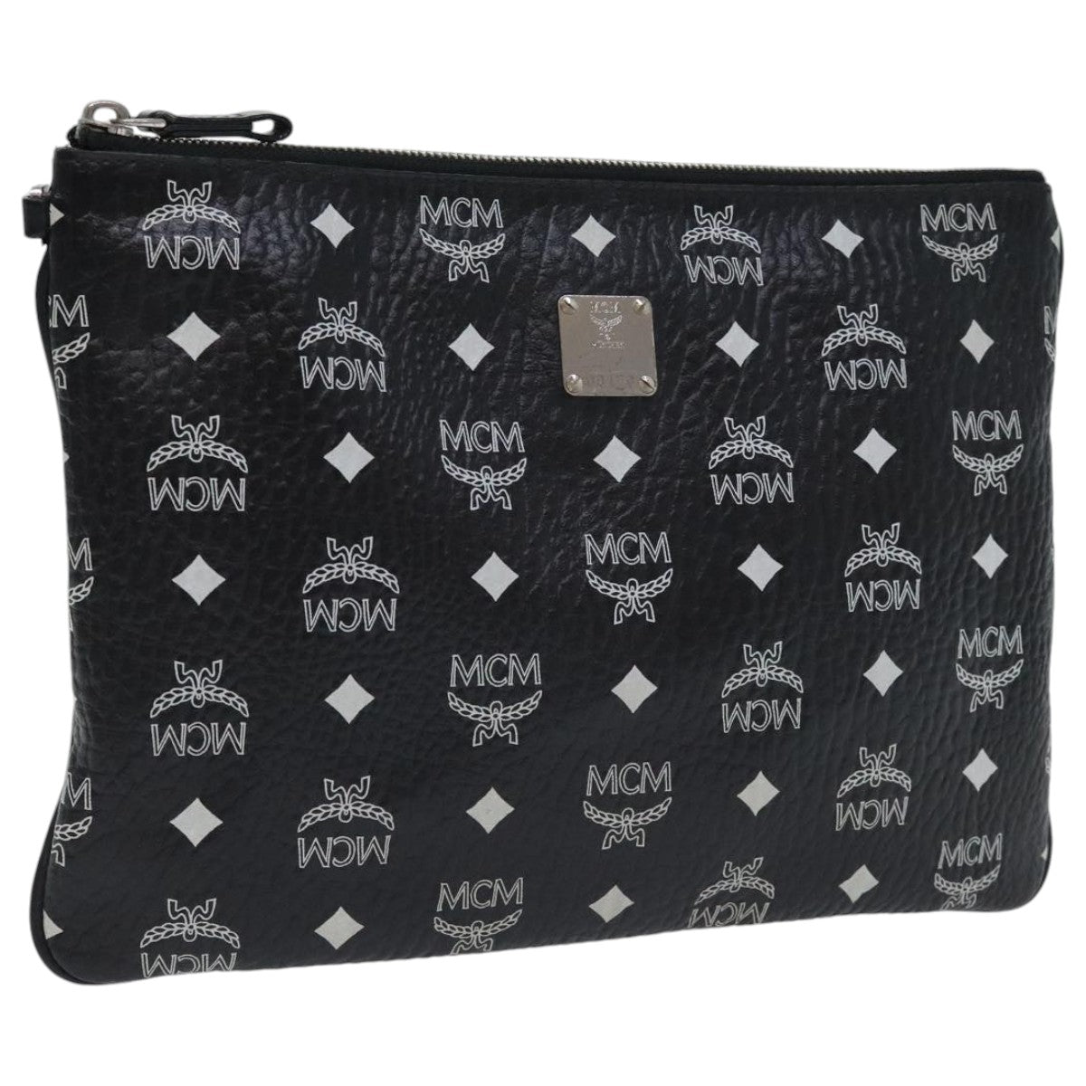 MCM Vicetos Logogram Clutch Bag PVC Leather Black Silver Auth bs18805