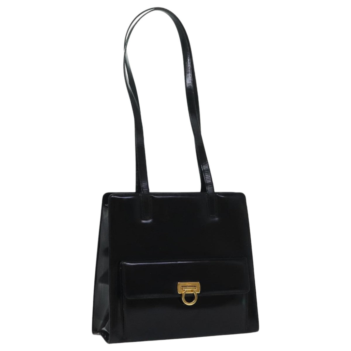 Salvatore Ferragamo Gancini Shoulder Bag Patent leather Black Gold Auth bs18810