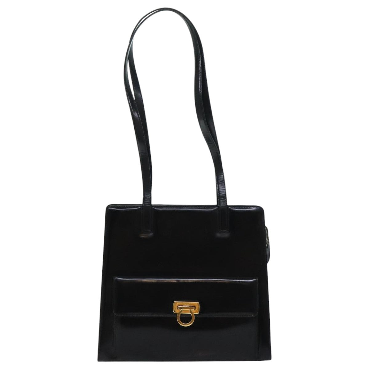 Salvatore Ferragamo Gancini Shoulder Bag Patent leather Black Gold Auth bs18810