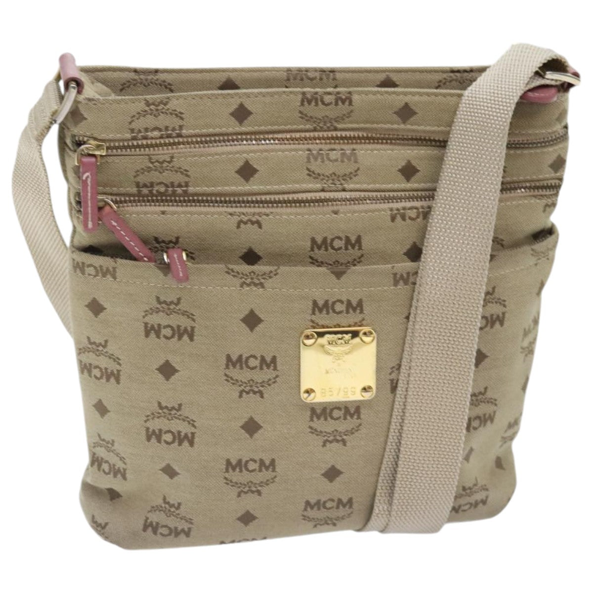 MCM Vicetos Logogram Shoulder Bag Canvas Beige Pink Gold Auth bs18812