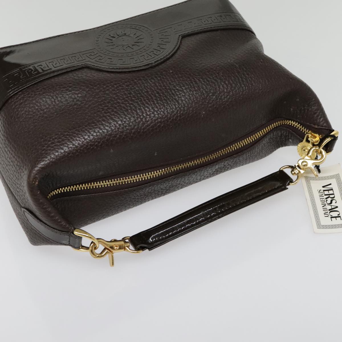 VERSACE Hand Bag Leather Brown Gold Auth bs18816