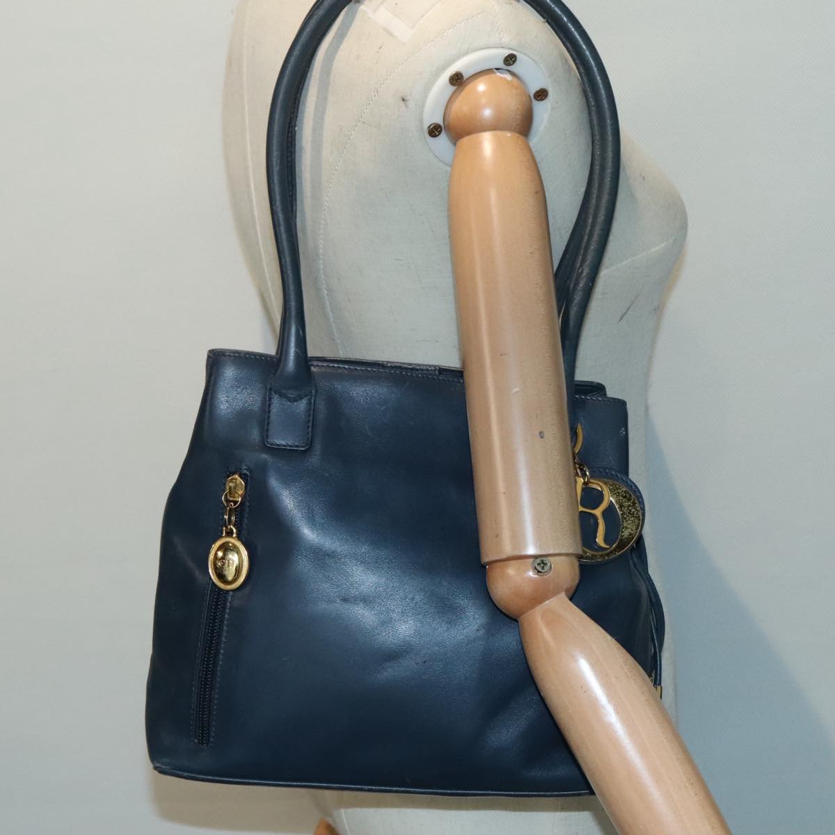 Christian Dior Shoulder Bag Leather Navy Gold Auth bs18817