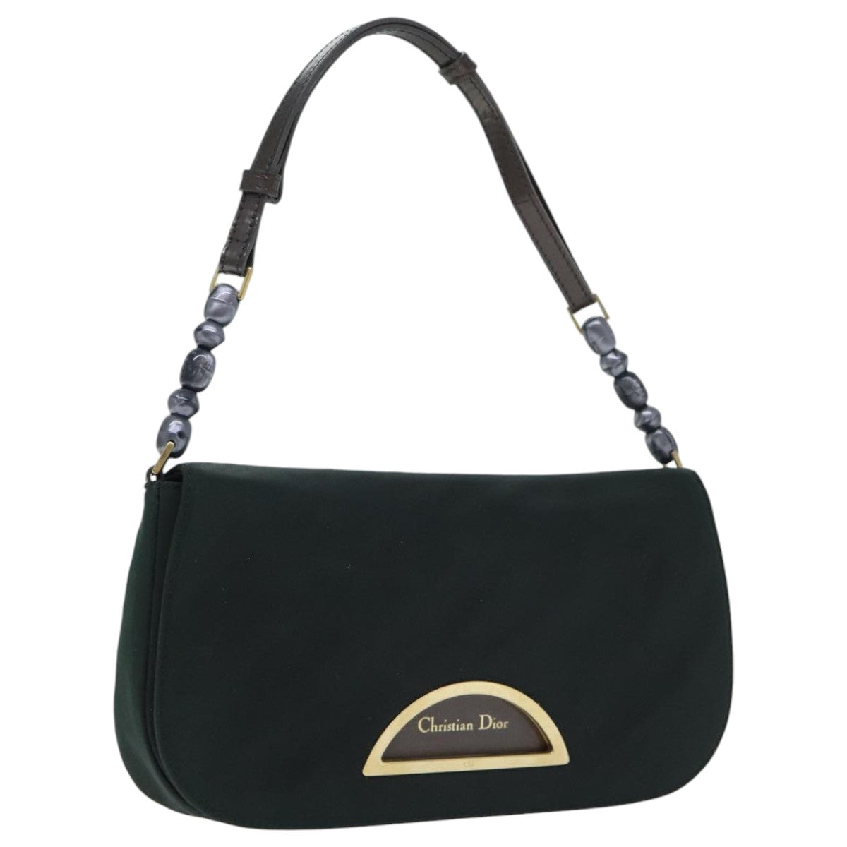 Christian Dior Maris Pearl Shoulder Bag Nylon Green Gold Auth bs18819