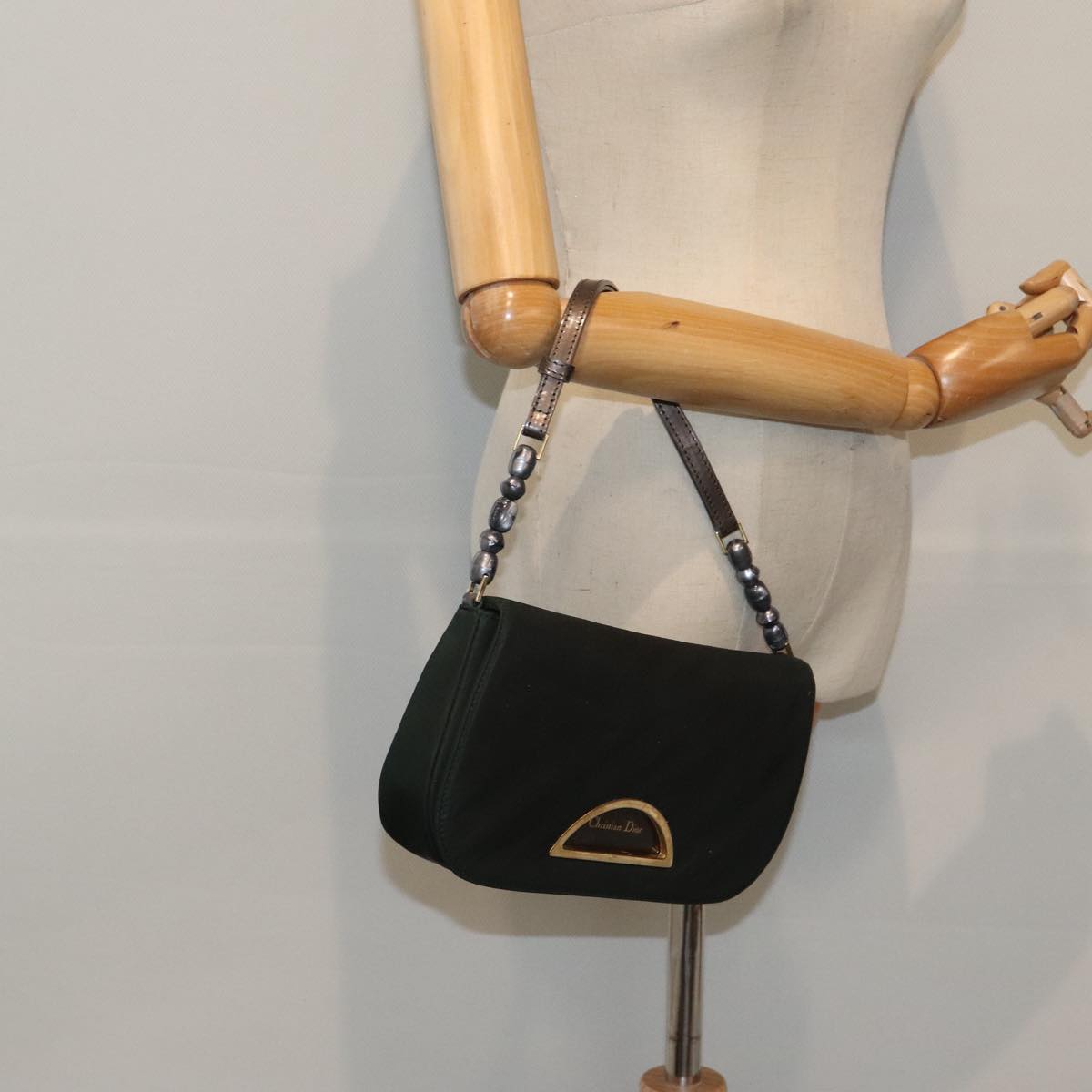 Christian Dior Maris Pearl Shoulder Bag Nylon Green Gold Auth bs18819