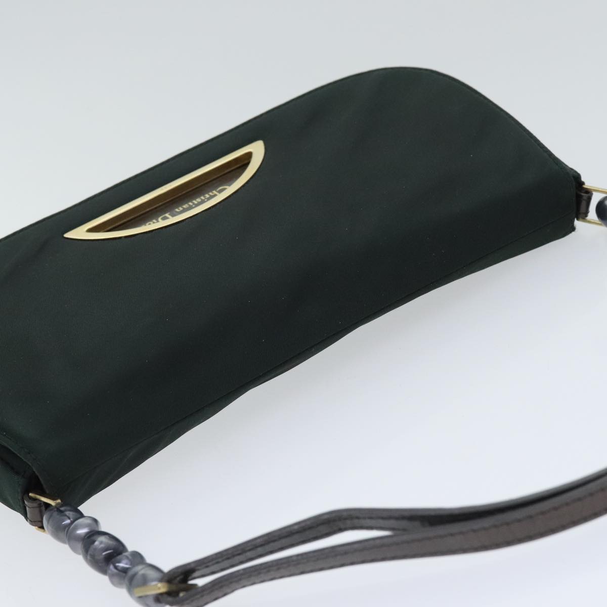 Christian Dior Maris Pearl Shoulder Bag Nylon Green Gold Auth bs18819