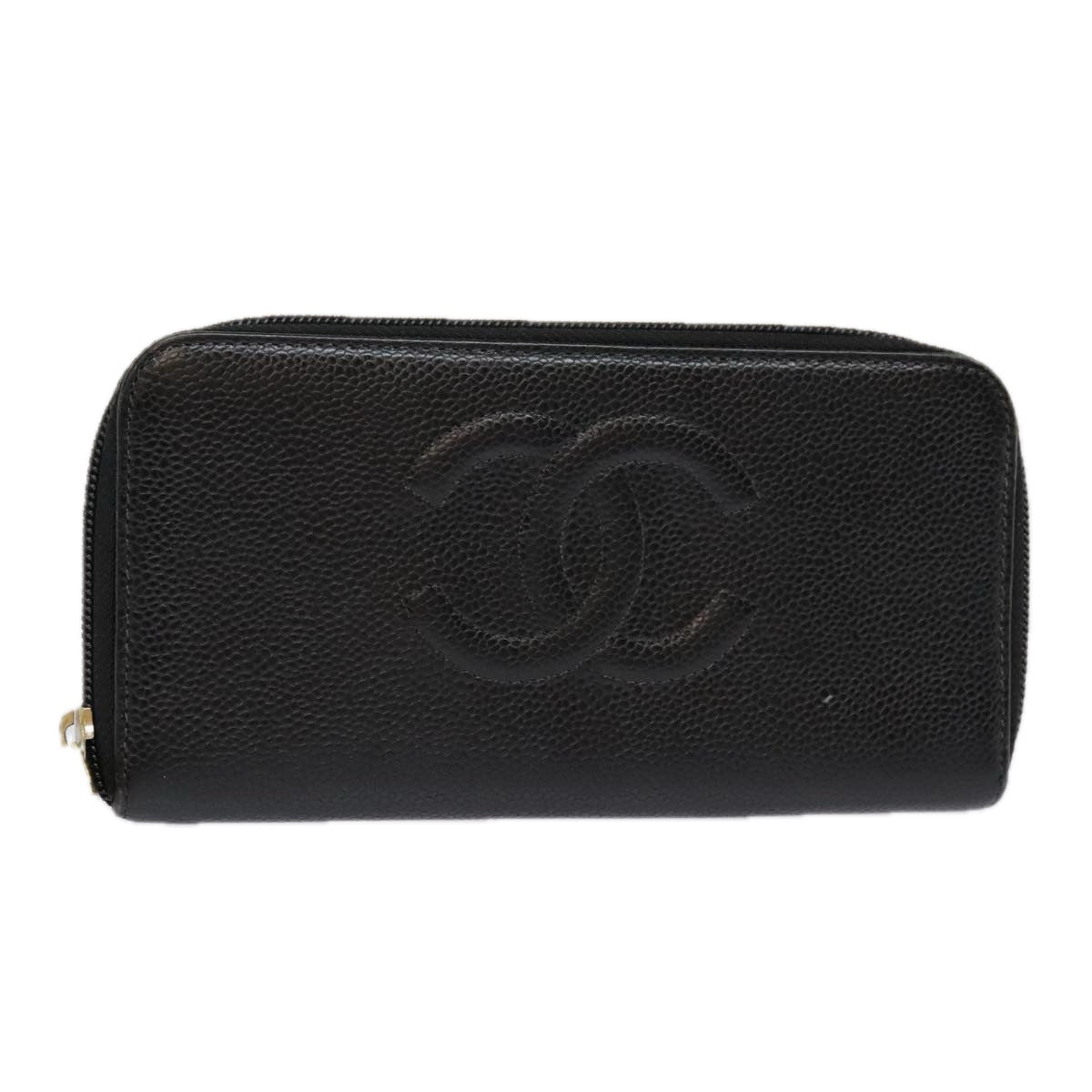 CHANEL Long Wallet Caviar Skin Black Gold CC Auth bs18828