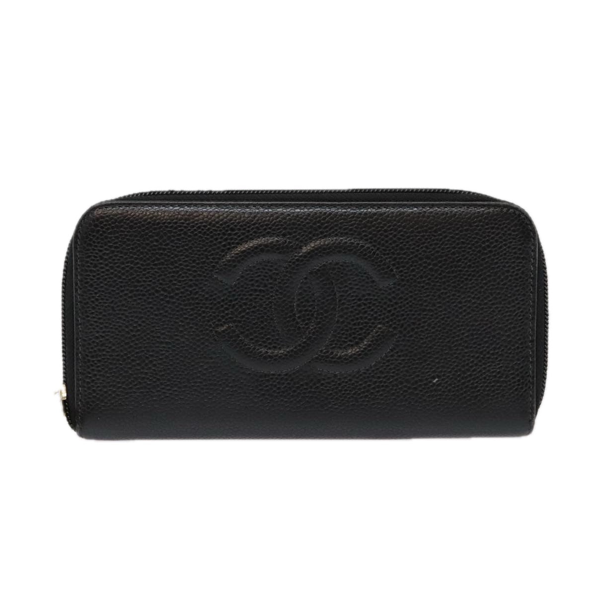 CHANEL Long Wallet Caviar Skin Black Gold CC Auth bs18828