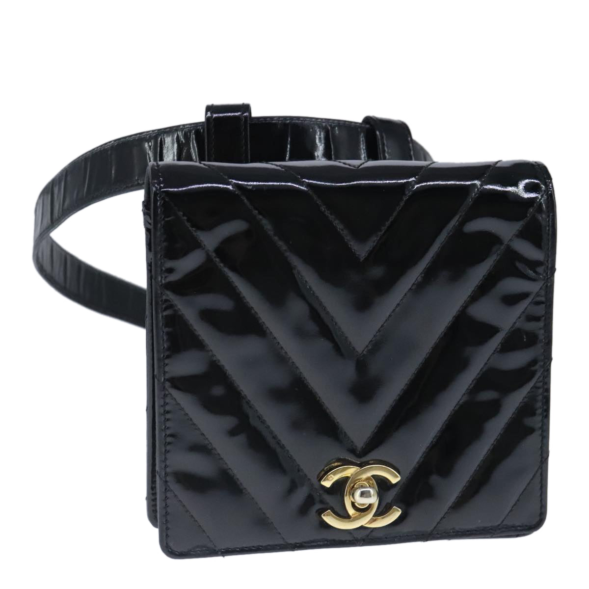 CHANEL V Stitch Waist bag Patent leather Black Gold CC Auth bs18829