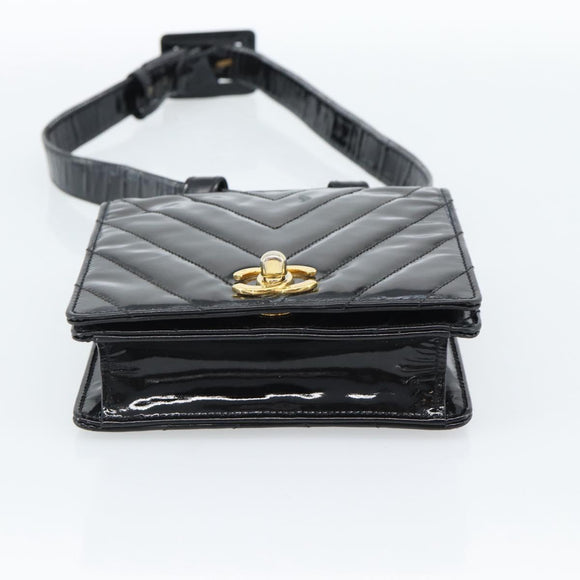 CHANEL V Stitch Waist bag Patent leather Black Gold CC Auth bs18829