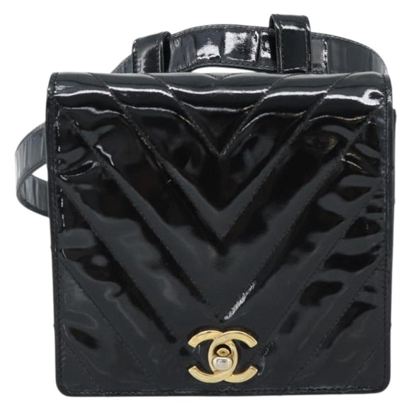 CHANEL V Stitch Waist bag Patent leather Black Gold CC Auth bs18829