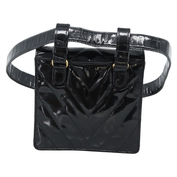 CHANEL V Stitch Waist bag Patent leather Black Gold CC Auth bs18829