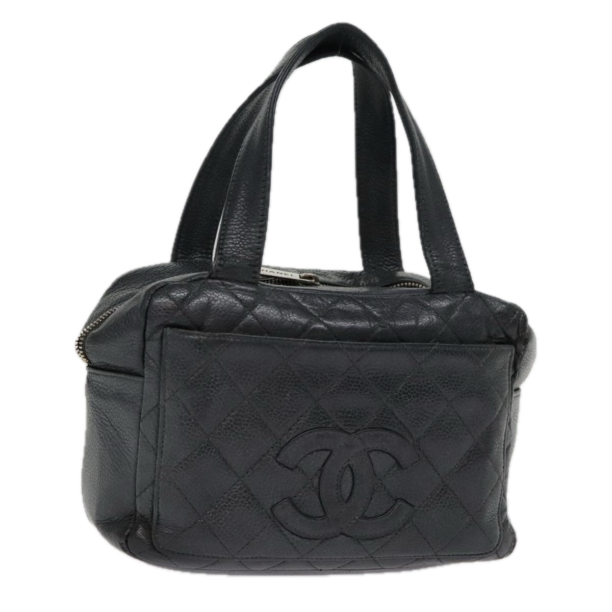 CHANEL Matelasse Hand Bag Caviar Skin Black Silver CC Auth bs18836