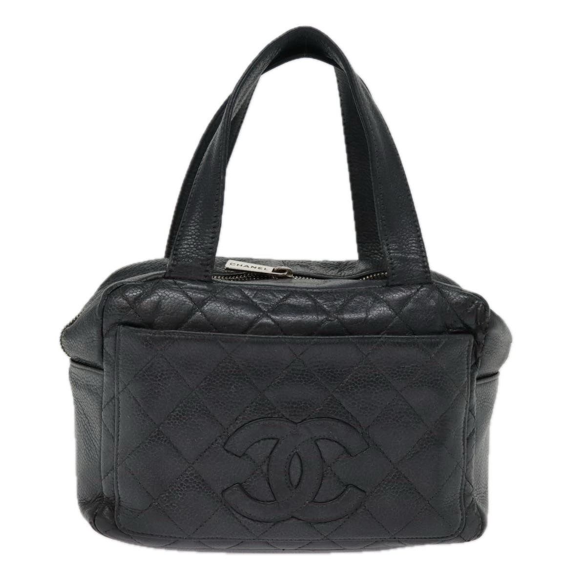 CHANEL Matelasse Hand Bag Caviar Skin Black Silver CC Auth bs18836