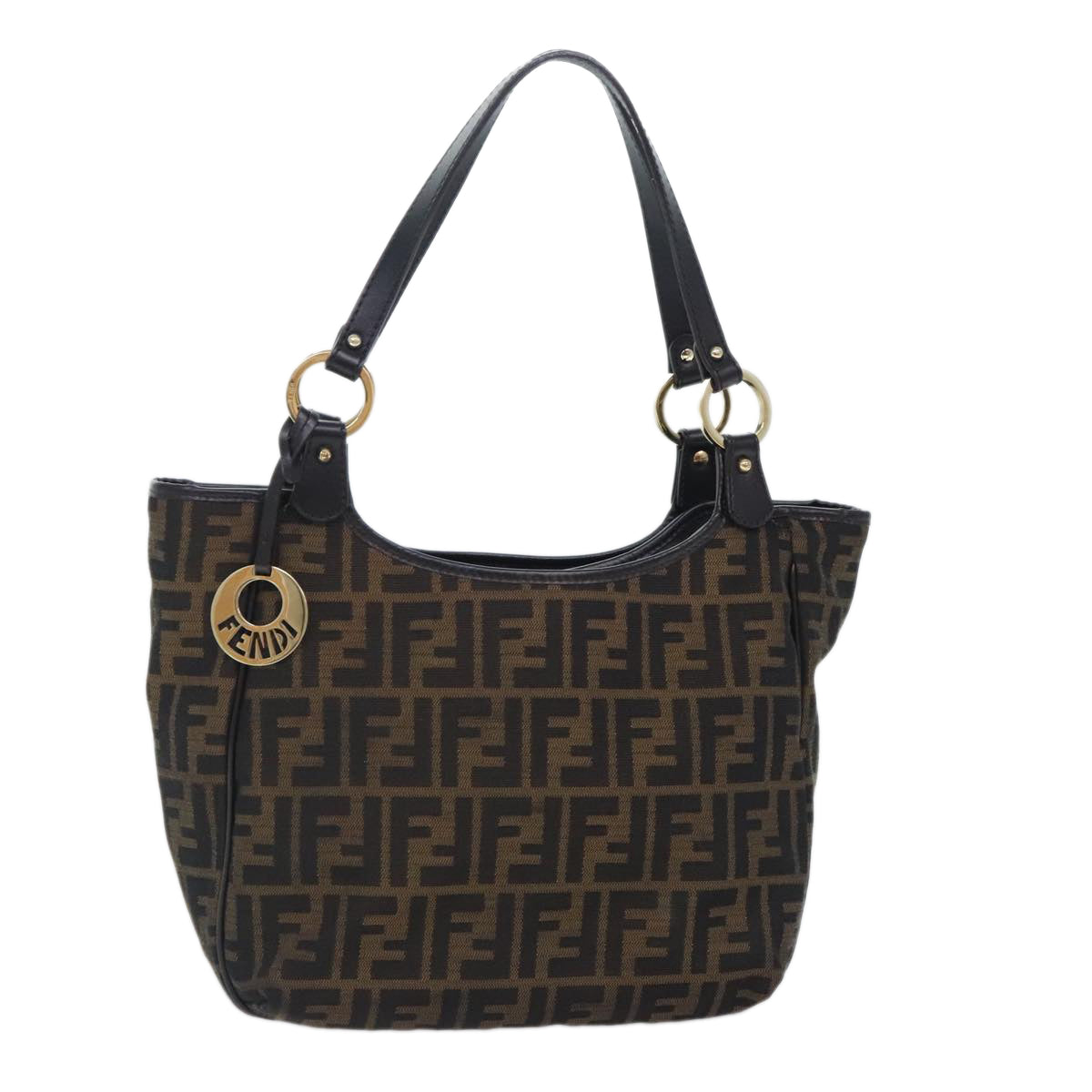 FENDI Zucca Canvas Tote Bag Brown Black gold Auth bs18837