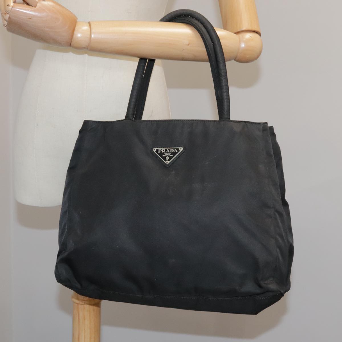 PRADA Tote Bag Nylon Black Silver Auth bs18845