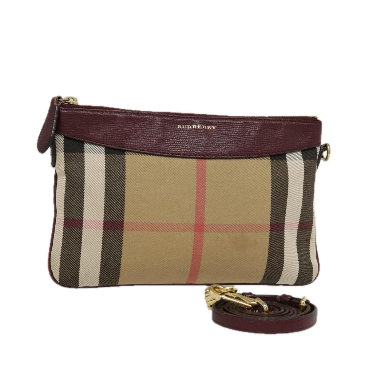 BURBERRY Nova Check Shoulder Bag Canvas Leather Beige Wine Red gold Auth bs18849