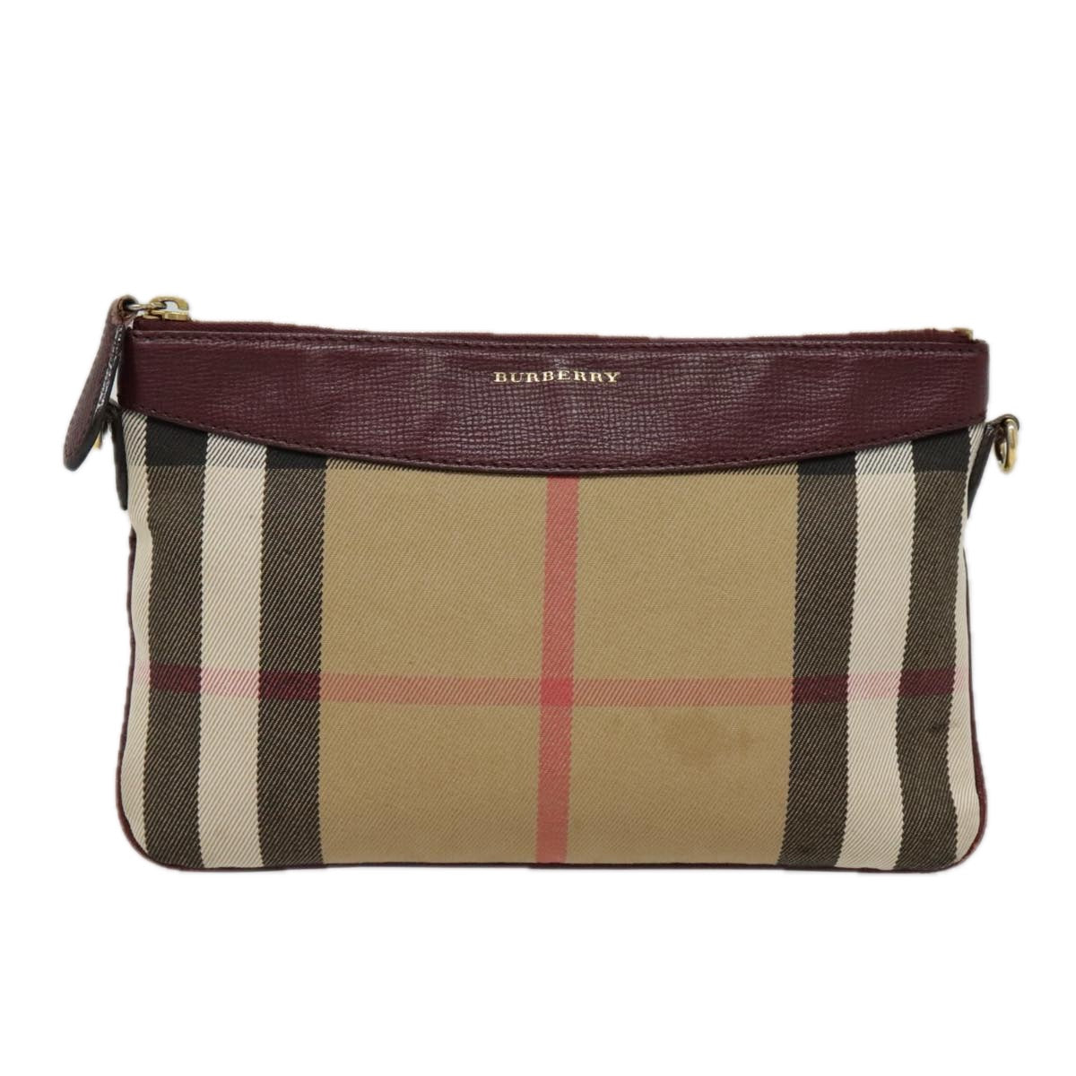 BURBERRY Nova Check Shoulder Bag Canvas Leather Beige Wine Red gold Auth bs18849