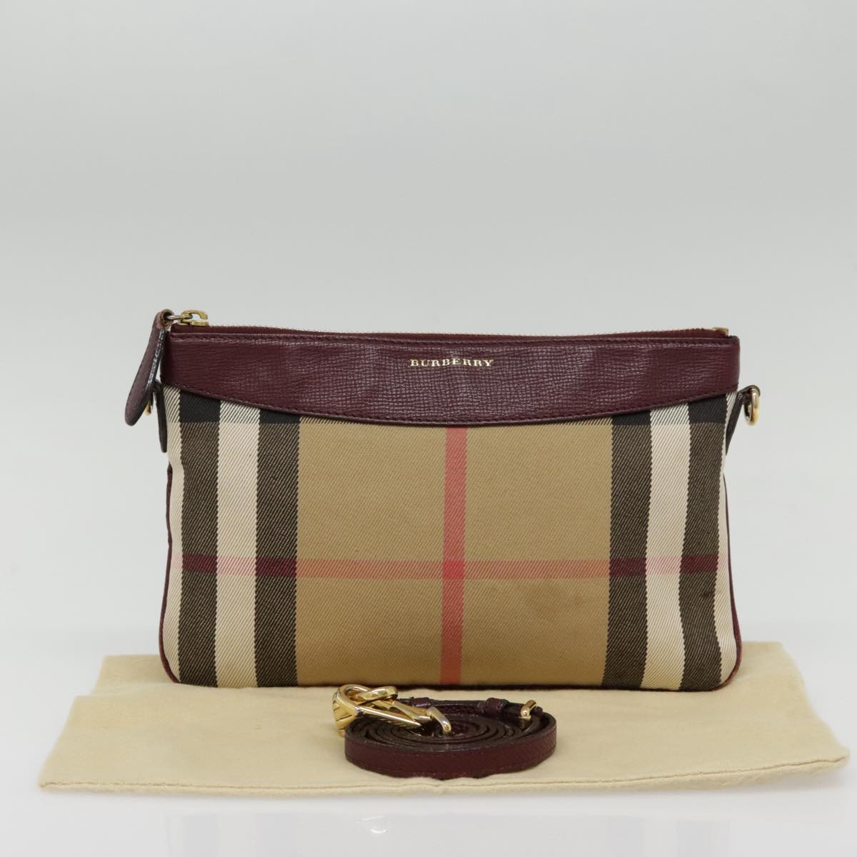 BURBERRY Nova Check Shoulder Bag Canvas Leather Beige Wine Red gold Auth bs18849