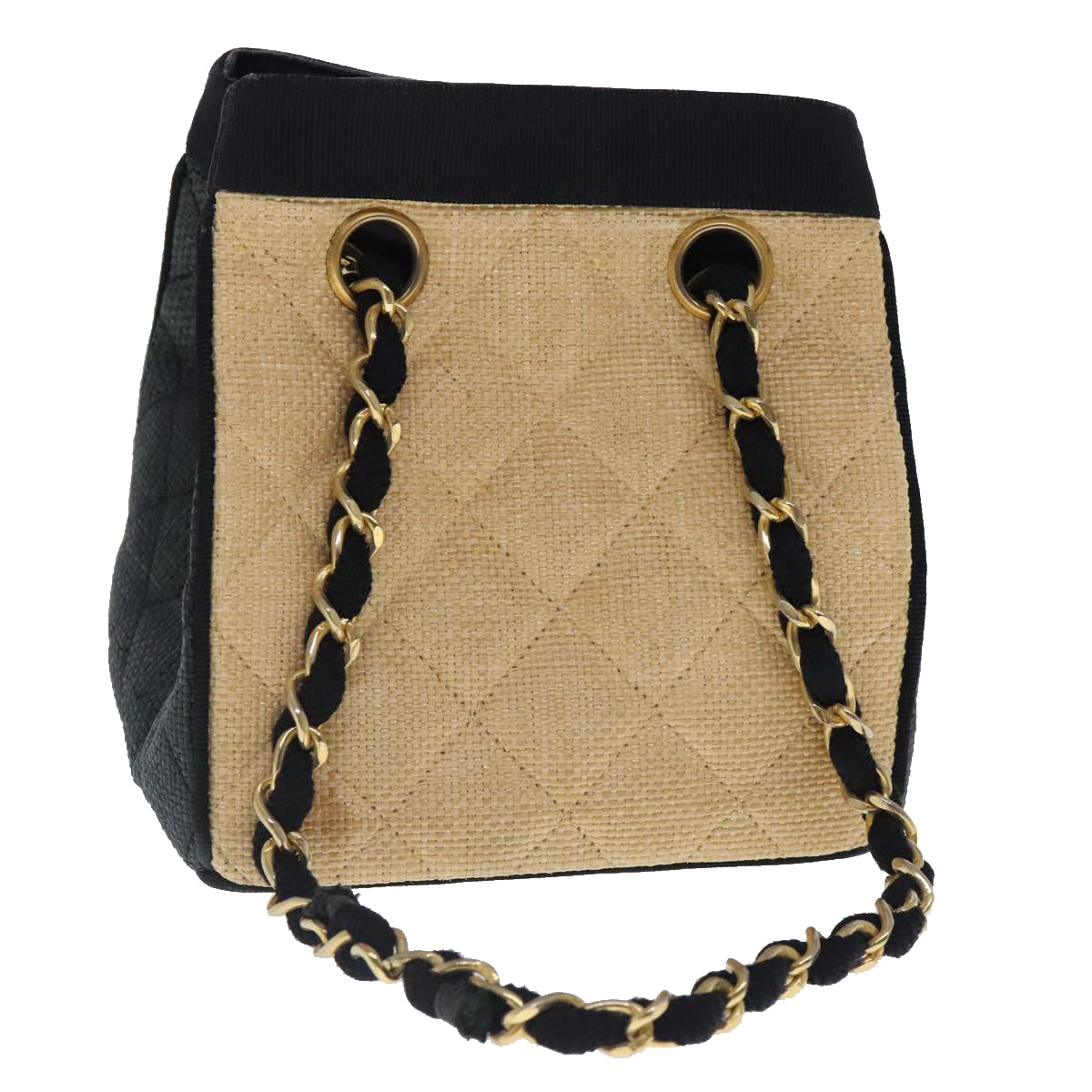 CHANEL Hand Bag straw Beige Black CC Auth bs18882