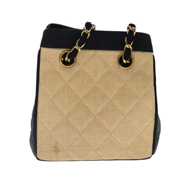 CHANEL Hand Bag straw Beige Black CC Auth bs18882