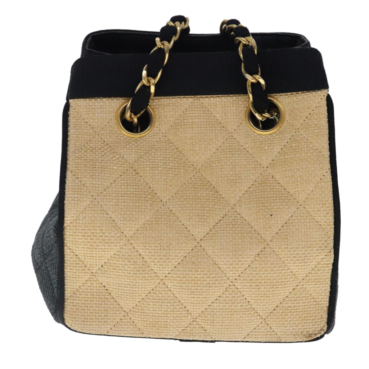 CHANEL Hand Bag straw Beige Black CC Auth bs18882 - 0