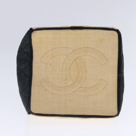CHANEL Hand Bag straw Beige Black CC Auth bs18882
