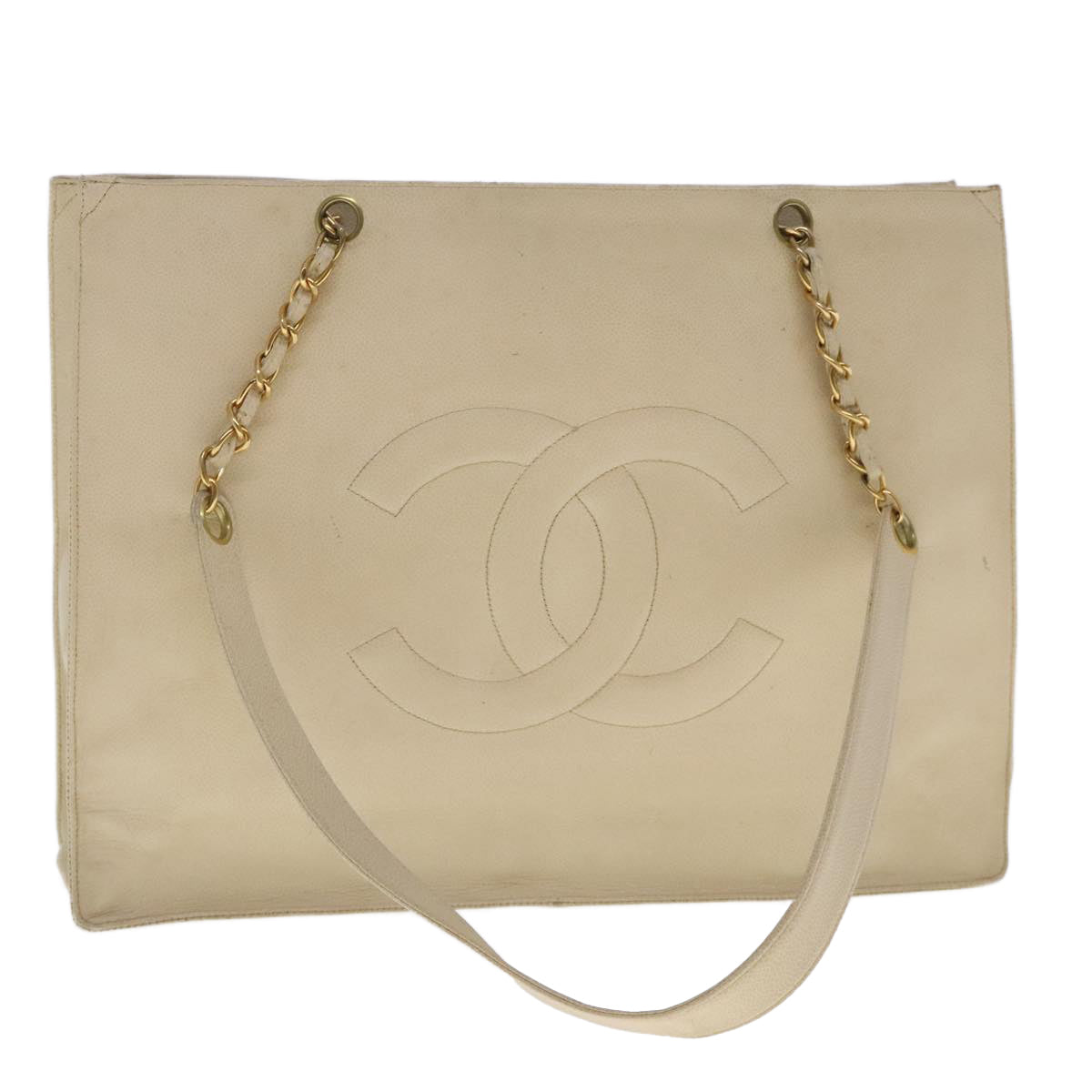 CHANEL COCO Mark Chain Tote Bag Caviar Skin Beige Gold CC Auth bs18886